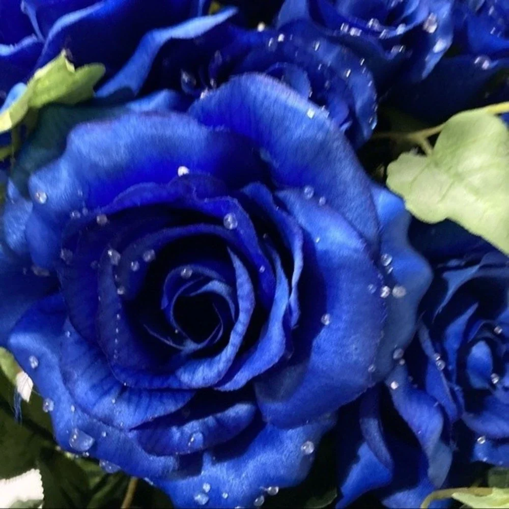Blue Roses Artificial Flowers Dew Drop Rain Drop 2 Bunches 16